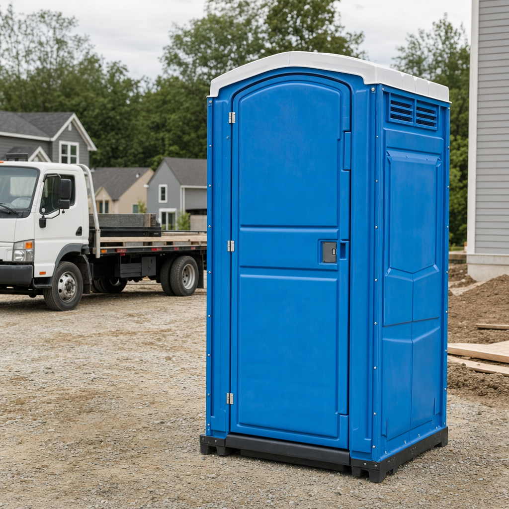 Delivery driver positioning a clean royal-blue portable toilet on level ground at a Jackson worksite