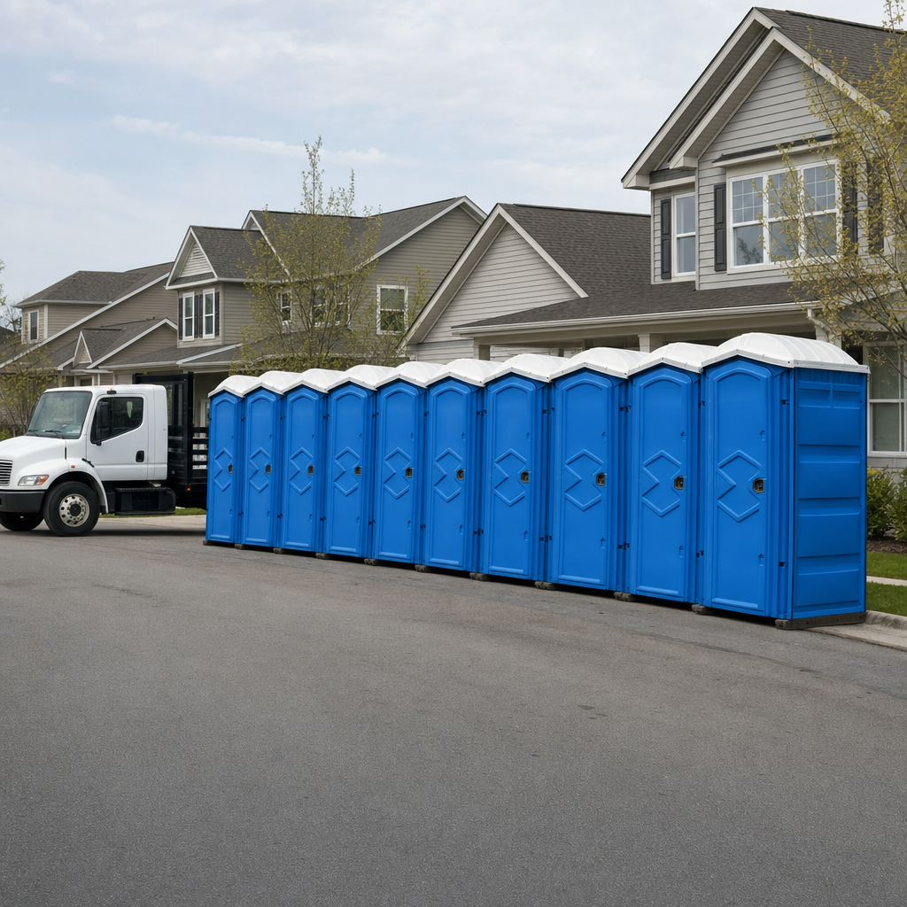 Royal blue portable toilets staged in a tidy row at a Jackson jobsite, ready for delivery